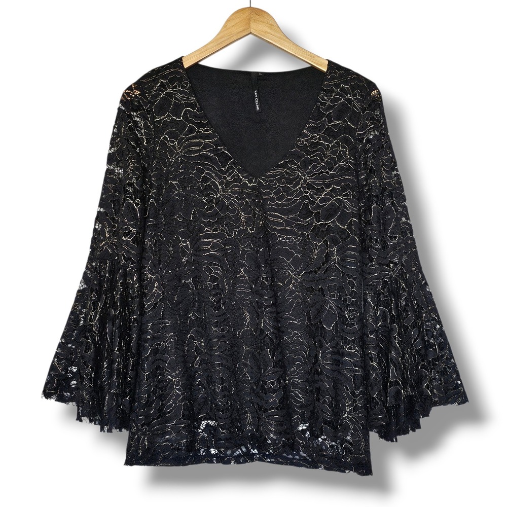 Kay Celine Top L Women Black Gold Lace Bell Sleeve Metallic Whimsigoth Victorian